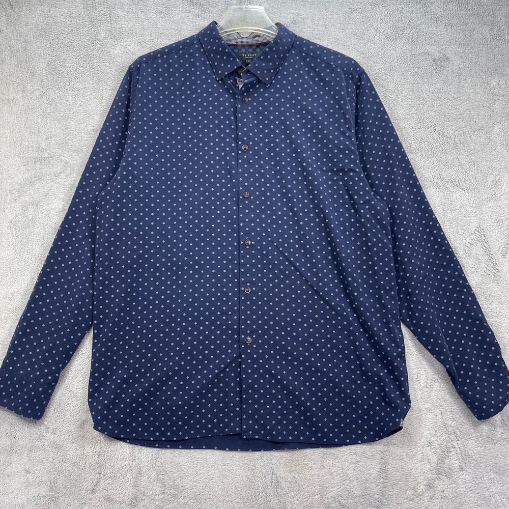 Ted Baker Button Up Men 6 Blue Floral Print Shirt Long Sleeve Modal Blend